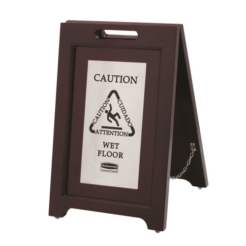 Rubbermaid Executive Series 22 Inch Wooden Multilingual Caution Sign, 2 Sided, Dark Hardwood, Silver